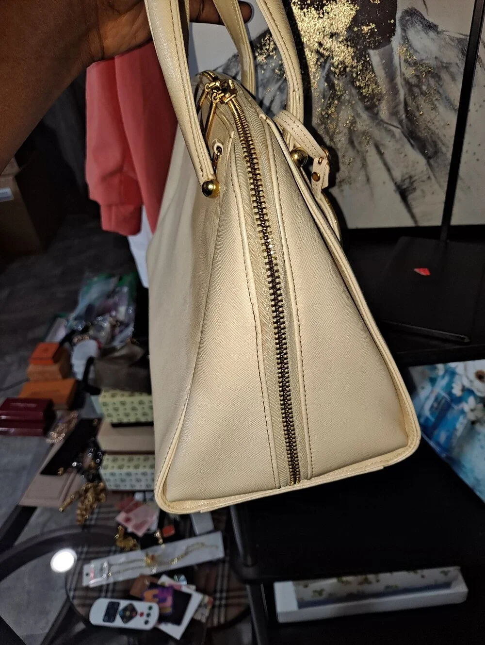 Valentino Garavani Cream Dome Satchel with Gold Medallion